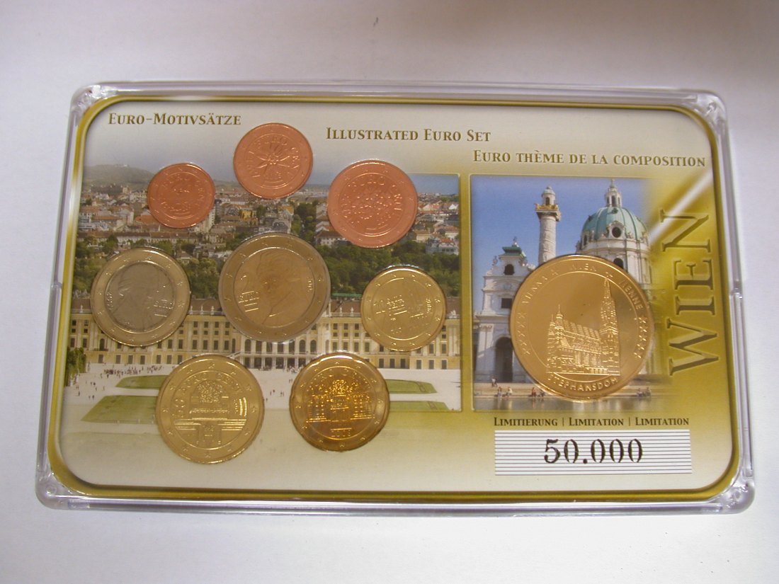  14203 Österreich Motivsatz Euro limitierte Auflage mit vergoldeter Sonderprägung Wien 9 Münzen   