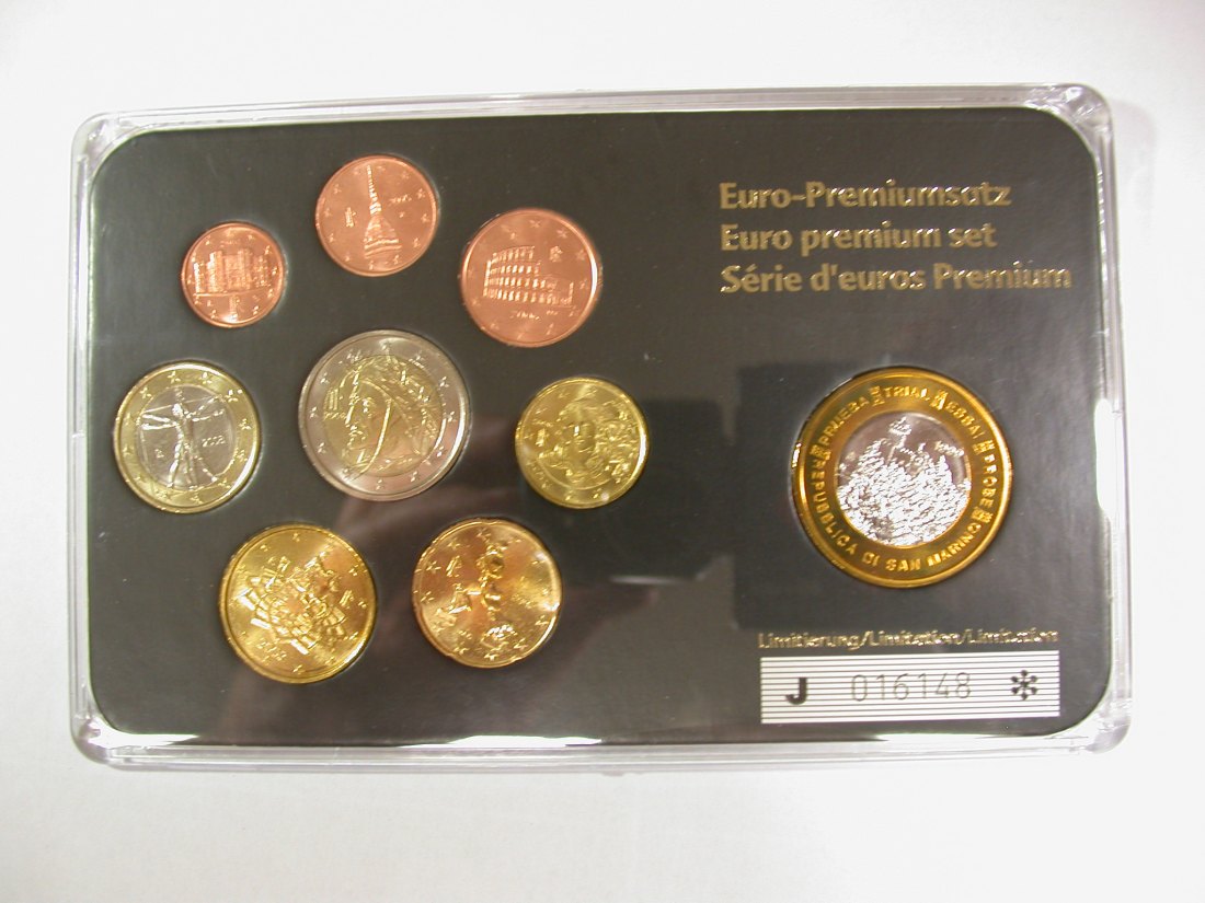 14203 San Marino/Italien Euro Premium Satz Stempelglanz mit Euro Probe Acryl-Etui limitierte Auflage
