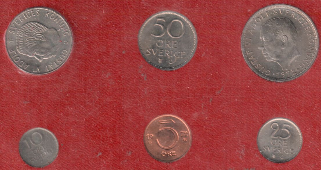 Schweden 0,05 + 0,25 + 0,50 + 1 + 5 Kronen 1972 UNC + 0,10 1969