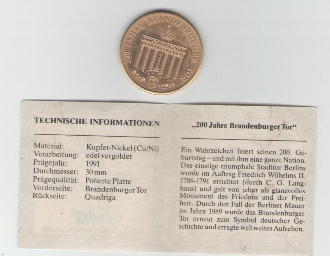 Medaille auf 200 Jahre Brandenburger Tor(k293)