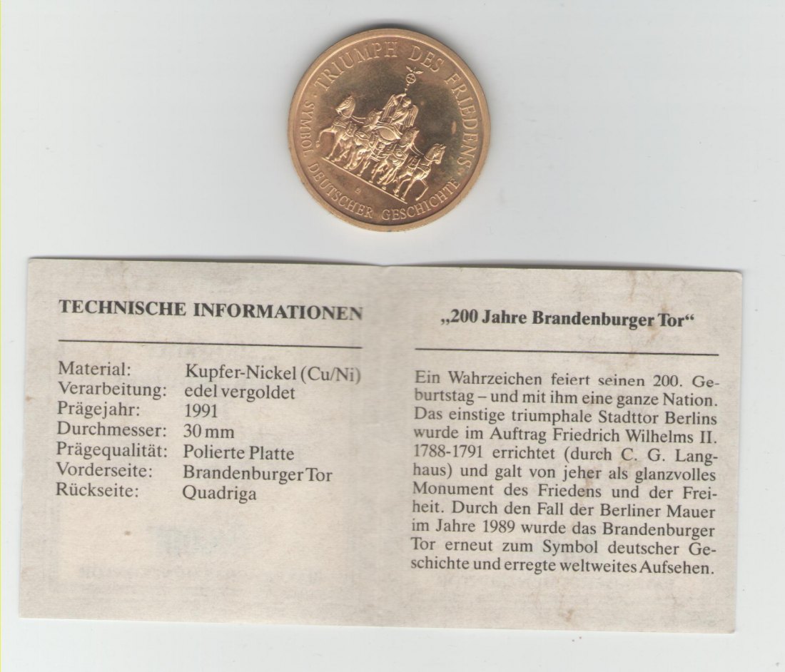  Medaille  auf 200 Jahre Brandenburger Tor(k293)   