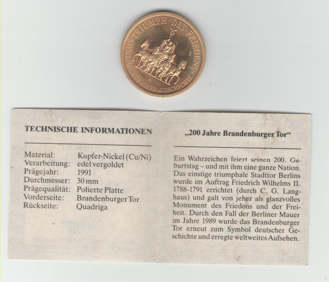  Medaille  auf 200 Jahre Brandenburger Tor(k293)   