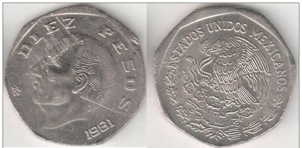  Mexiko 10 Pesos 1981 dezentriert, off center error   