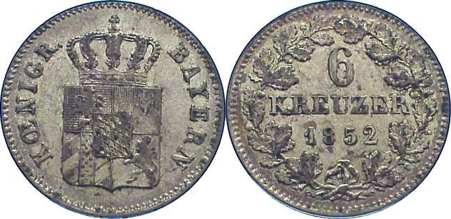 Bayern  6 Kreuzer 1852 vorzüglich