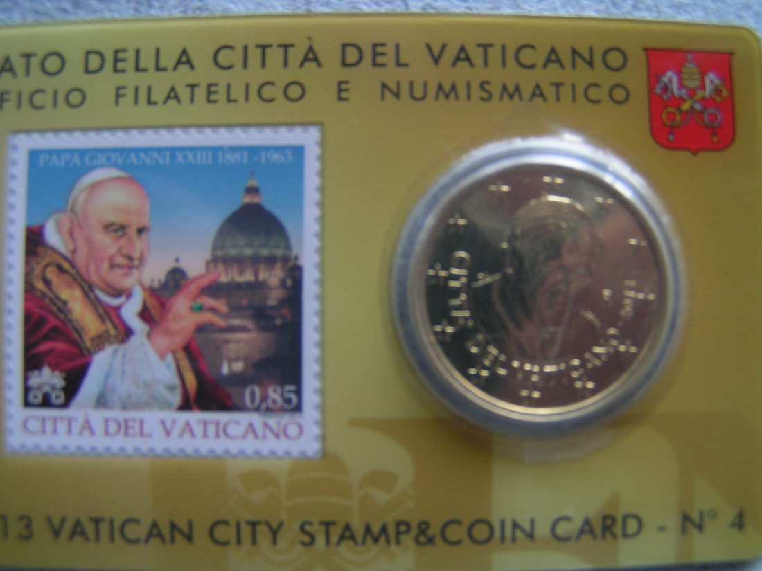  Vatikan 2013 Stamp & Coincard Nr. 4 <i>0,85 Briefmarke Johannes XXIII. + 50 Eurocent Benedikt</i>   