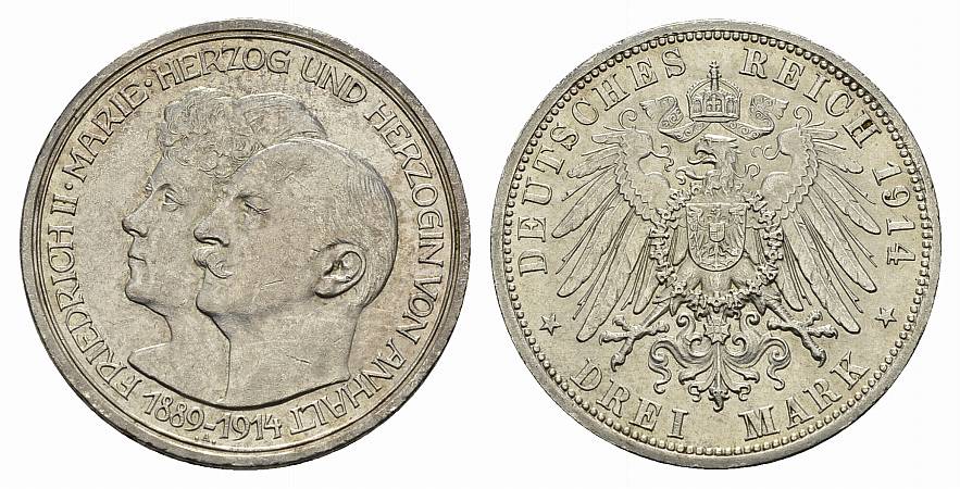 PEUS 2765 Kaiserreich Anhalt Zur Silberhochzeit 3 Mark 1914 A Fast vorzüglich