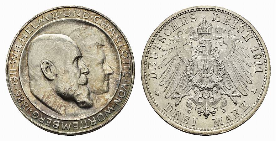 PEUS 2848 Kaiserreich - Württemberg Zur Silberhochzeit 3 Mark 1911 F Winziger Randfehler, Vorzüglich
