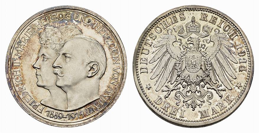 PEUS 2853 Kaiserreich Anhalt Zur Silberhochzeit 3 Mark 1914 A Vorzüglich aus PP