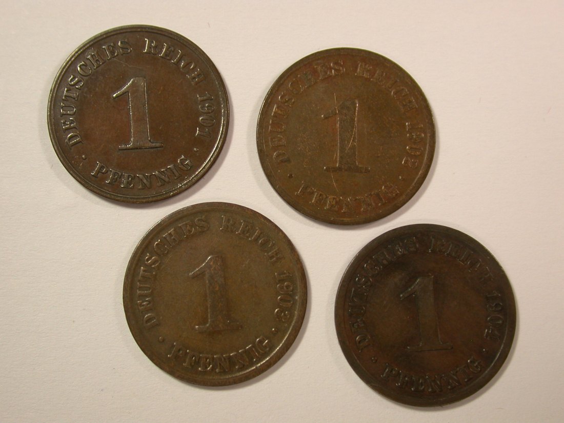  14007 KR 1 Pfennig 4 Stück Lot 1901, 1902, 1903 und 1904 A in ss-vz bis f.st  Orginalbilder   