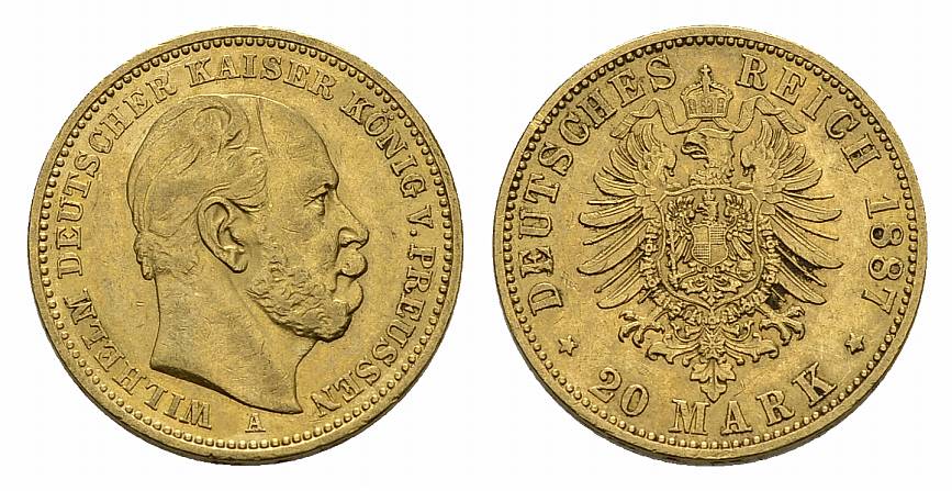 PEUS 2941 Preußen 7,17 g Feingold. Wilhelm I. (1861 - 1888) 20 Mark GOLD 1887 A Berlin Sehr schön