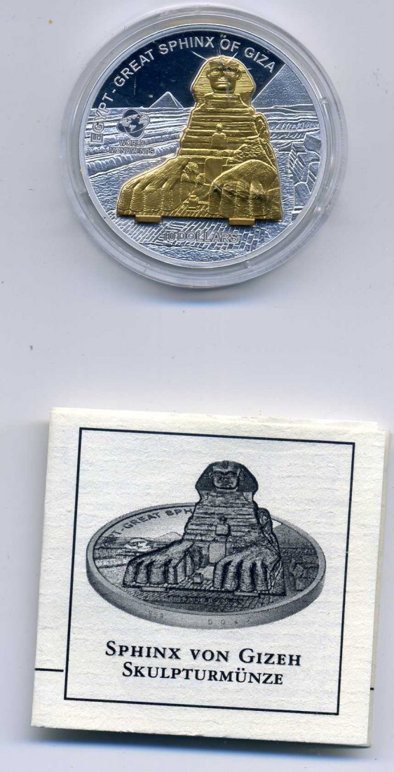  Cook Island Skulpturmünze 10 Dollar 2008 Große Sphinx Gizeh Originalkapsel mit Zertifikat   