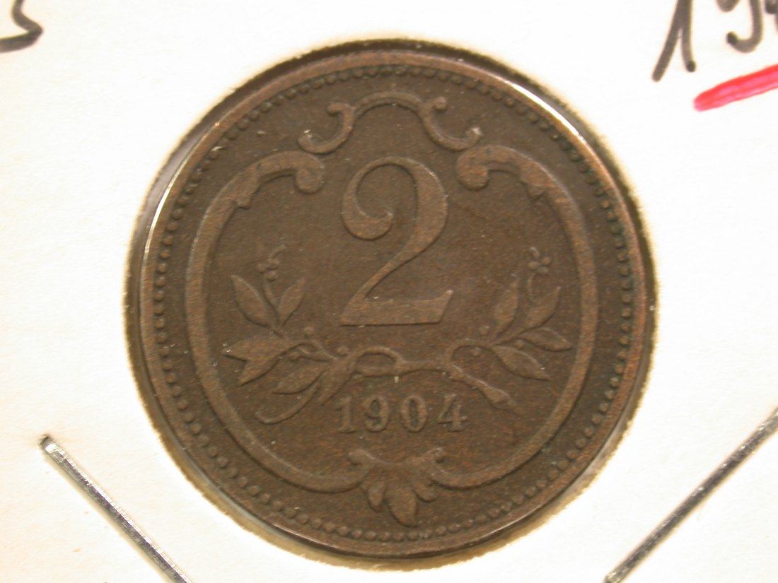 14309 Österreich 2 Heller 1904 in ss+/ss-vz Orginalbilder
