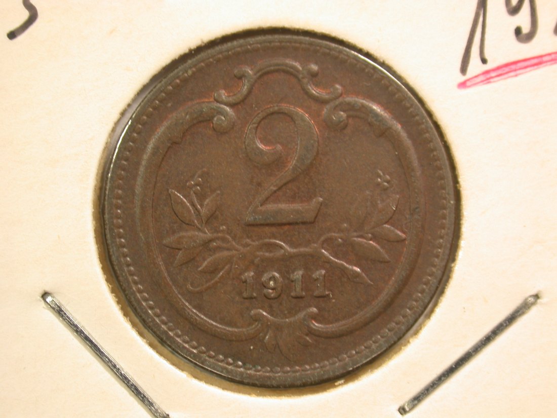 14309 Österreich 2 Heller 1911 in vz-st Orginalbilder
