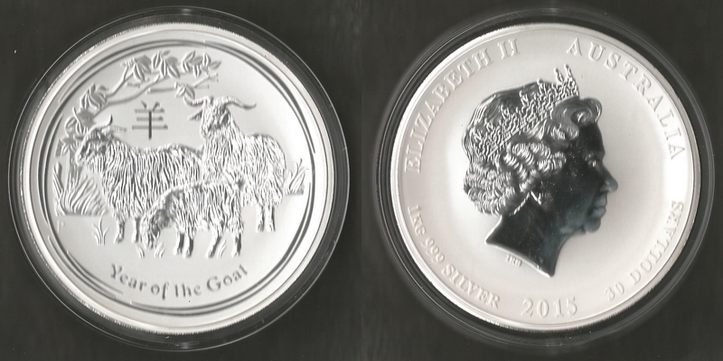  Australien  30 Dollar 'Ziege'  2015  FM-Frankfurt  Feingewicht: 1kg Silber  stempelglanz   