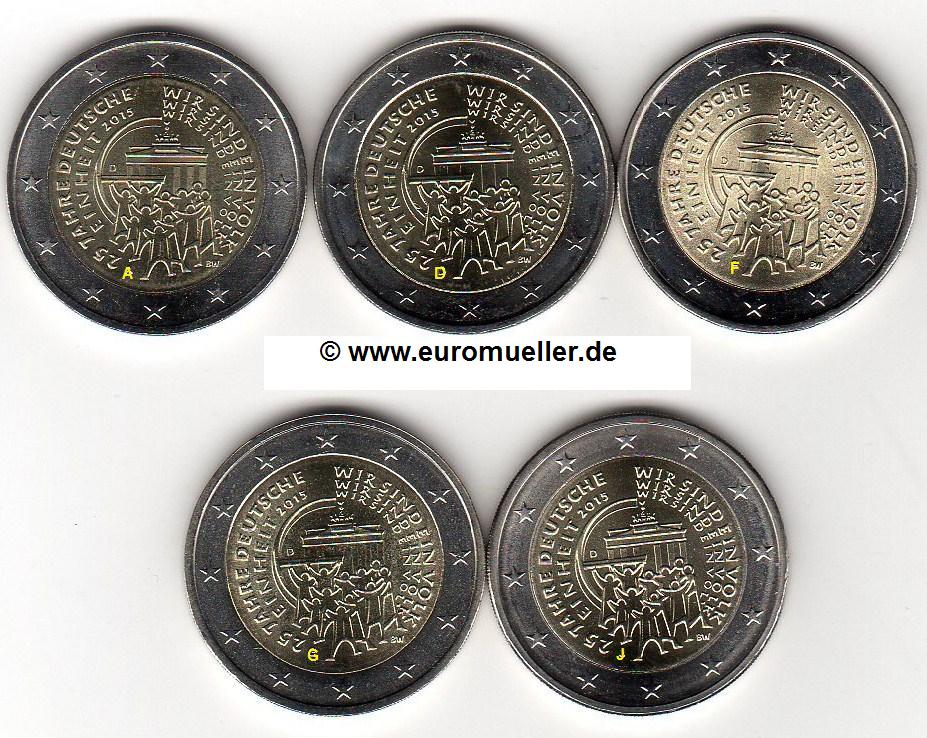 Deutschland 5x 2 Euro Gedenkmünze 2015...Deutsche Einheit...A/D/F/G/J   