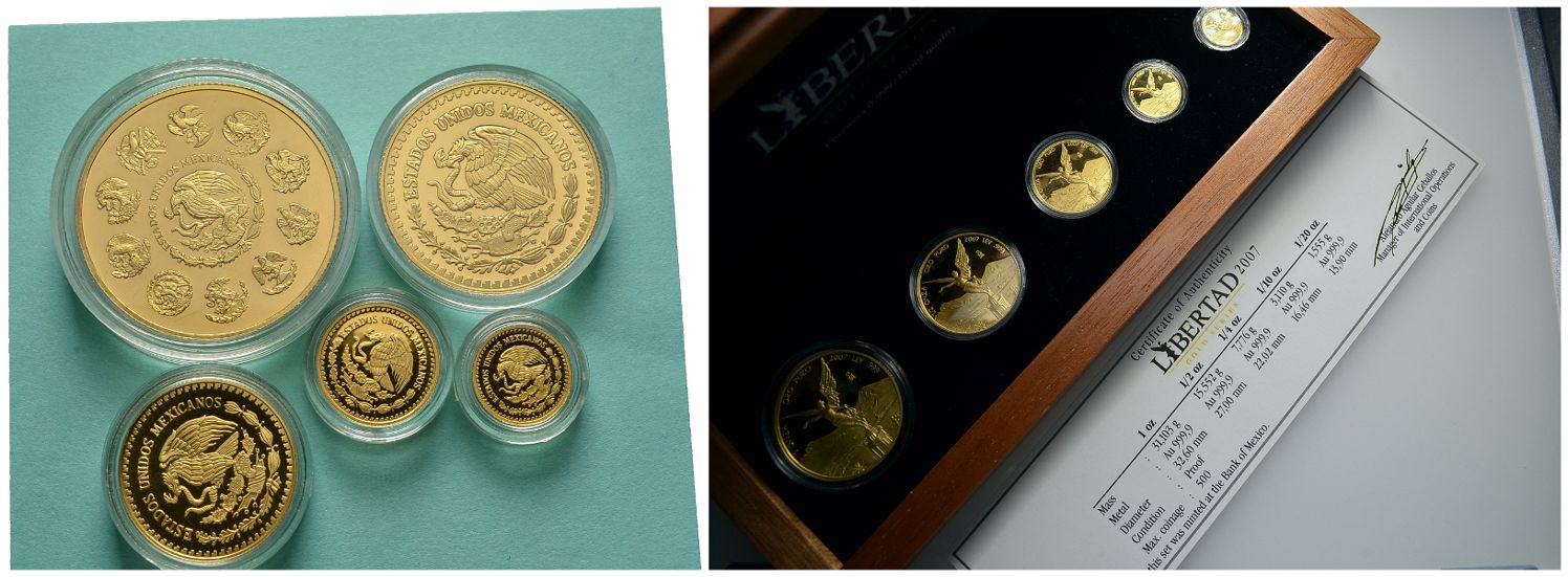 PEUS 4159 Mexiko 59,10 g Feingold. Incl. Holzbox + Zertifikat Libertad-Set GOLD (5 Münzen) 2007 Proof