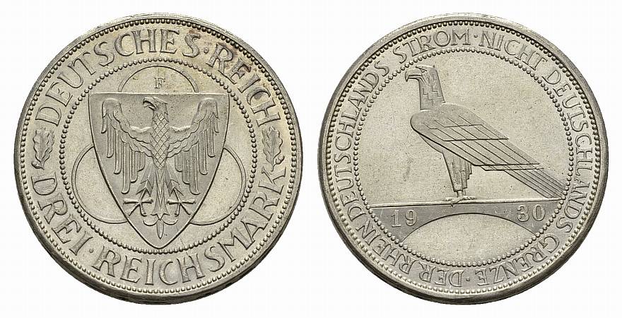 PEUS 3464 Weimarer Republik Zur Rheinland-Räumung 3 Reichsmark 1930 F Vorzüglich -