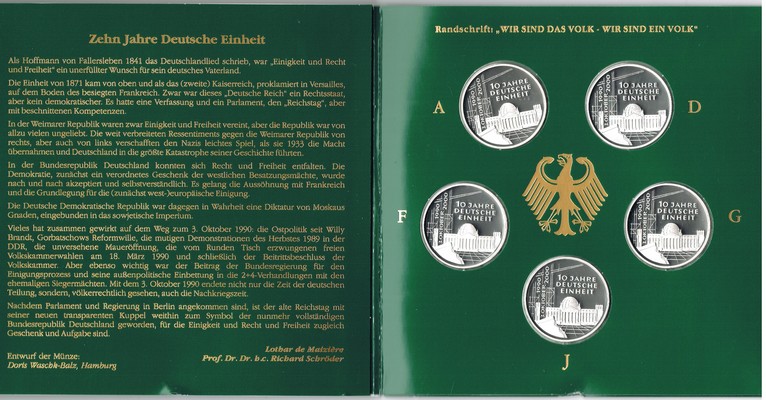  Deutschland 5 x 10 DM  2000 (10 Jahre Deutsche Einheit) FM-Frankfurt  Feingewicht: 71,65g Silber pp   