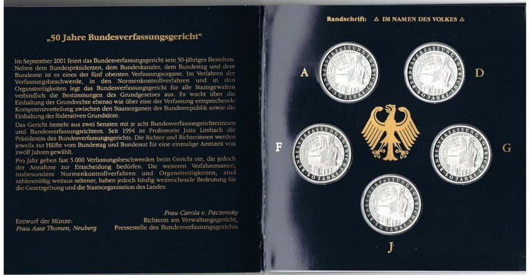  Deutschland  5 x 10 DM (Bundesverfassungsgericht) 2001   FM-Frankfurt  Feingewicht: 71,65g Silber PP   