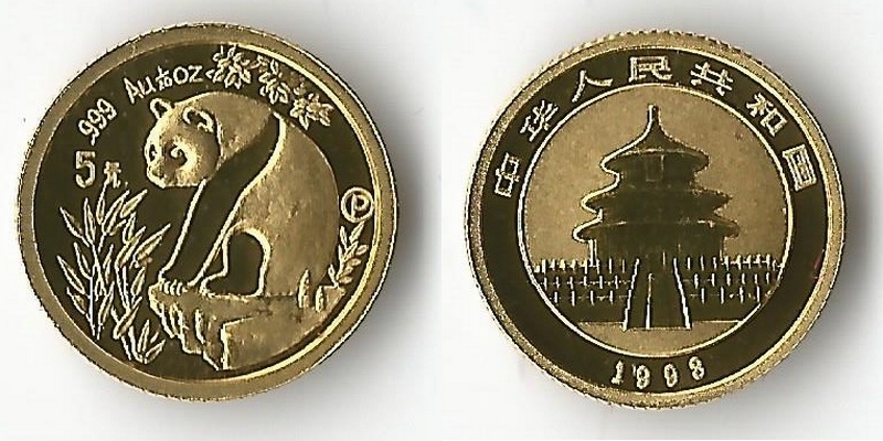China MM-Frankfurt Feingewicht: 1,56g Gold 5 Yuan 1998 vorzüglich