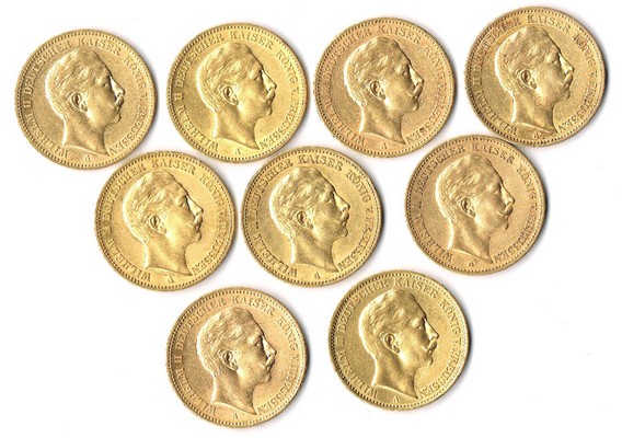 Preussen, Königreich MM-Frankfurt Feingewicht: 64,53g Gold 9 x 20 Mark 1891 - 1910 sehr schön (teilweise Randfehler)