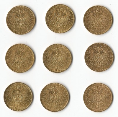 Preussen, Königreich MM-Frankfurt Feingewicht: 64,53g Gold 9 x 20 Mark 1894- 1902 sehr schön (teilweise Randfehler)