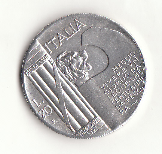 Italien Medaille Mussolini im Stil der 20 Lire Italien 1928 Bronze ca.1960 gep. (L022)