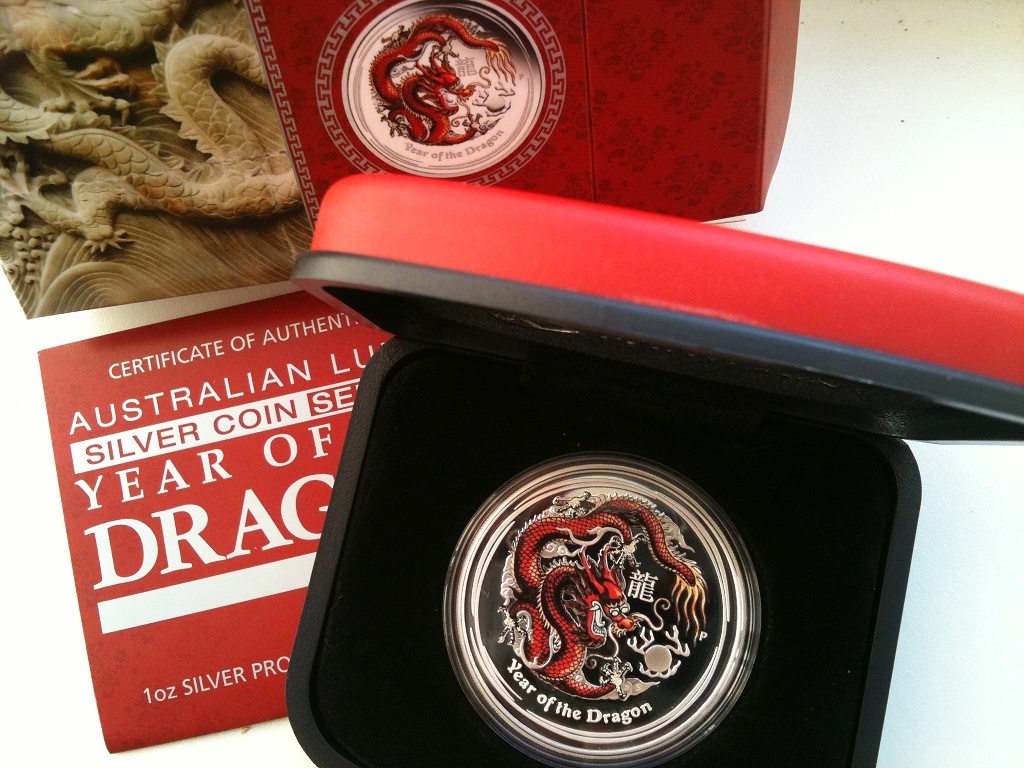  Australien 1 Dollar Drache 2012 coloured 1 oz Silber PP * In Originalschatulle mit Zertifikat   