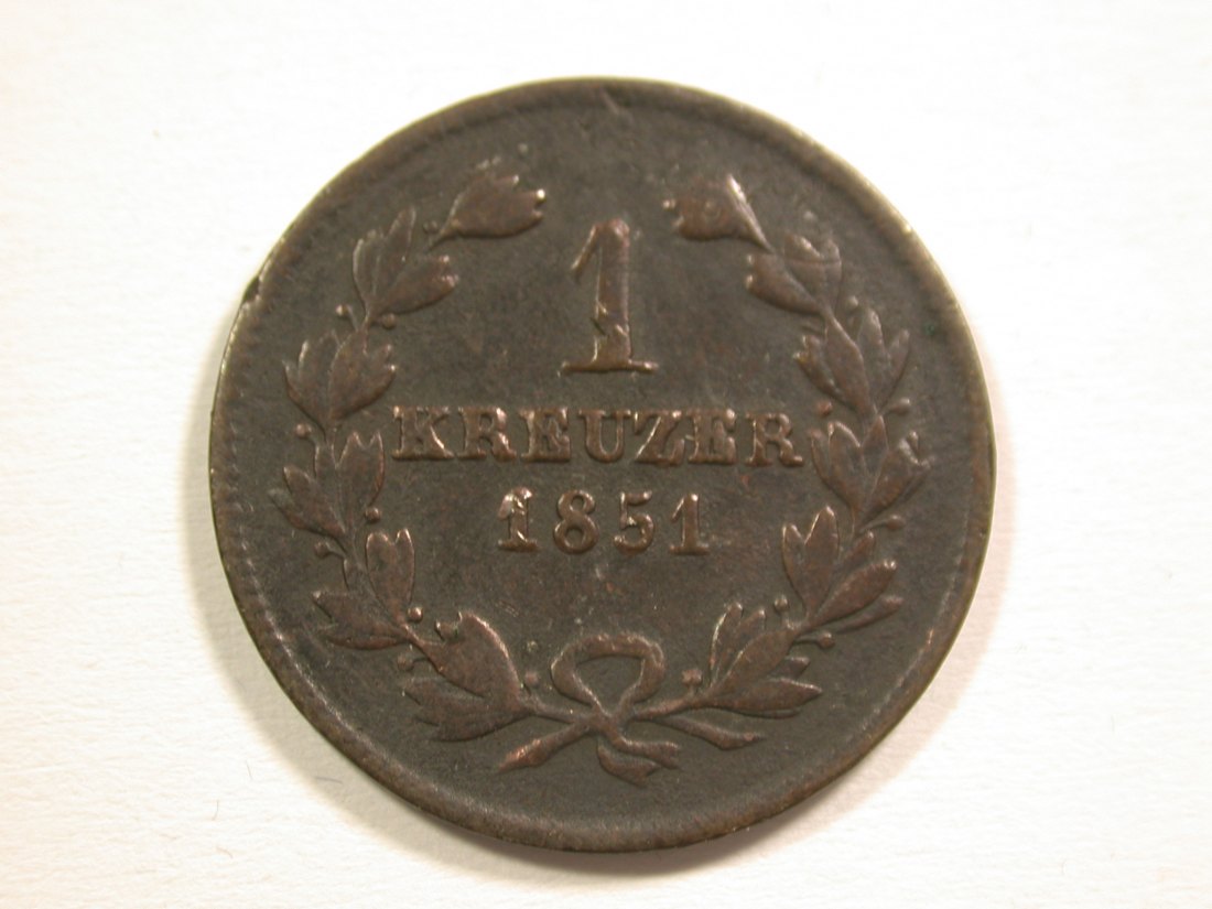  15103 Baden  1 Kreuzer 1851 in s-ss  Orginalbilder   