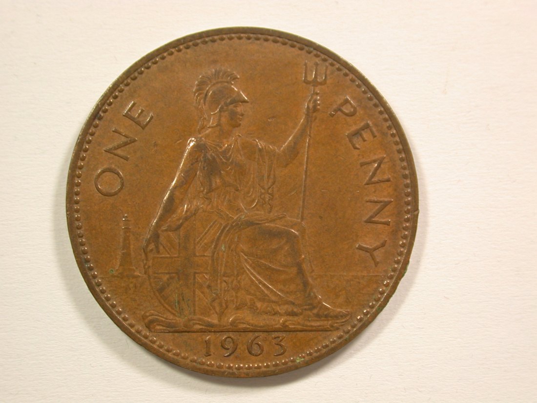15104 Großbritanien 1 Penny 1963 große Kupfermünze in ss+ Orginalbilder