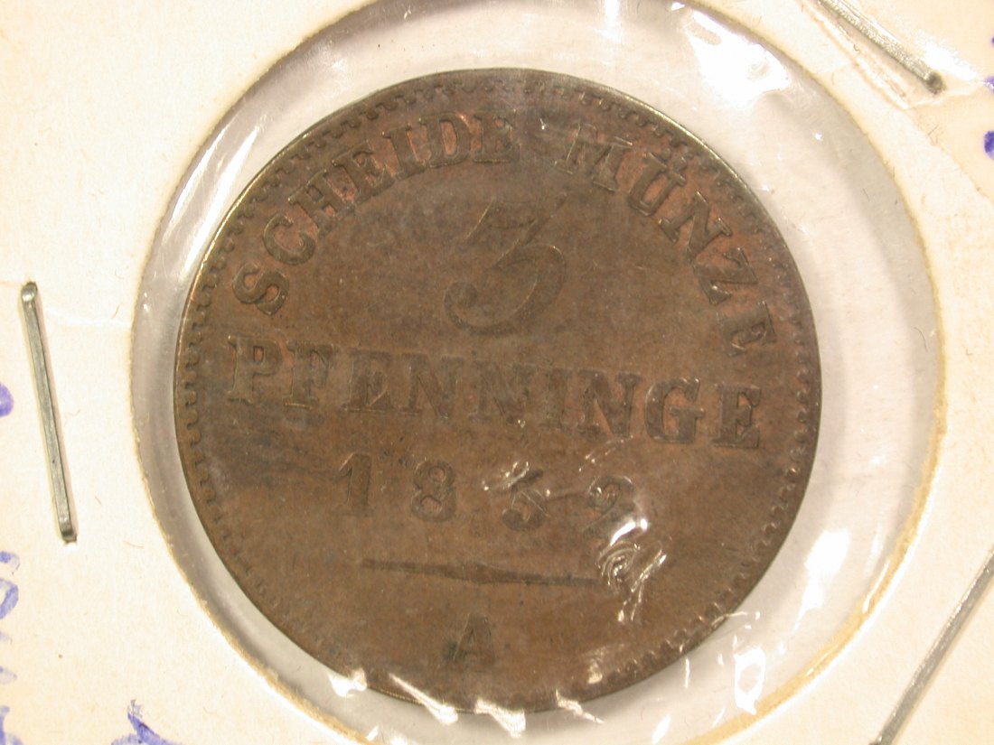  15106 Preussen 3 Pfennig 1852 A in ss, l.gewellt  Orginalbilder   