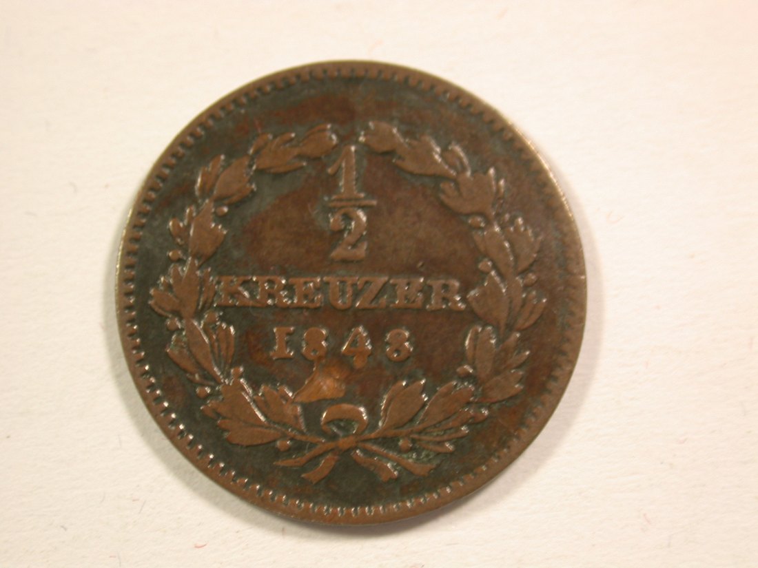 15106 Baden 1/2 Kreuzer 1848 in ss, Druckstellen RR Orginalbilder