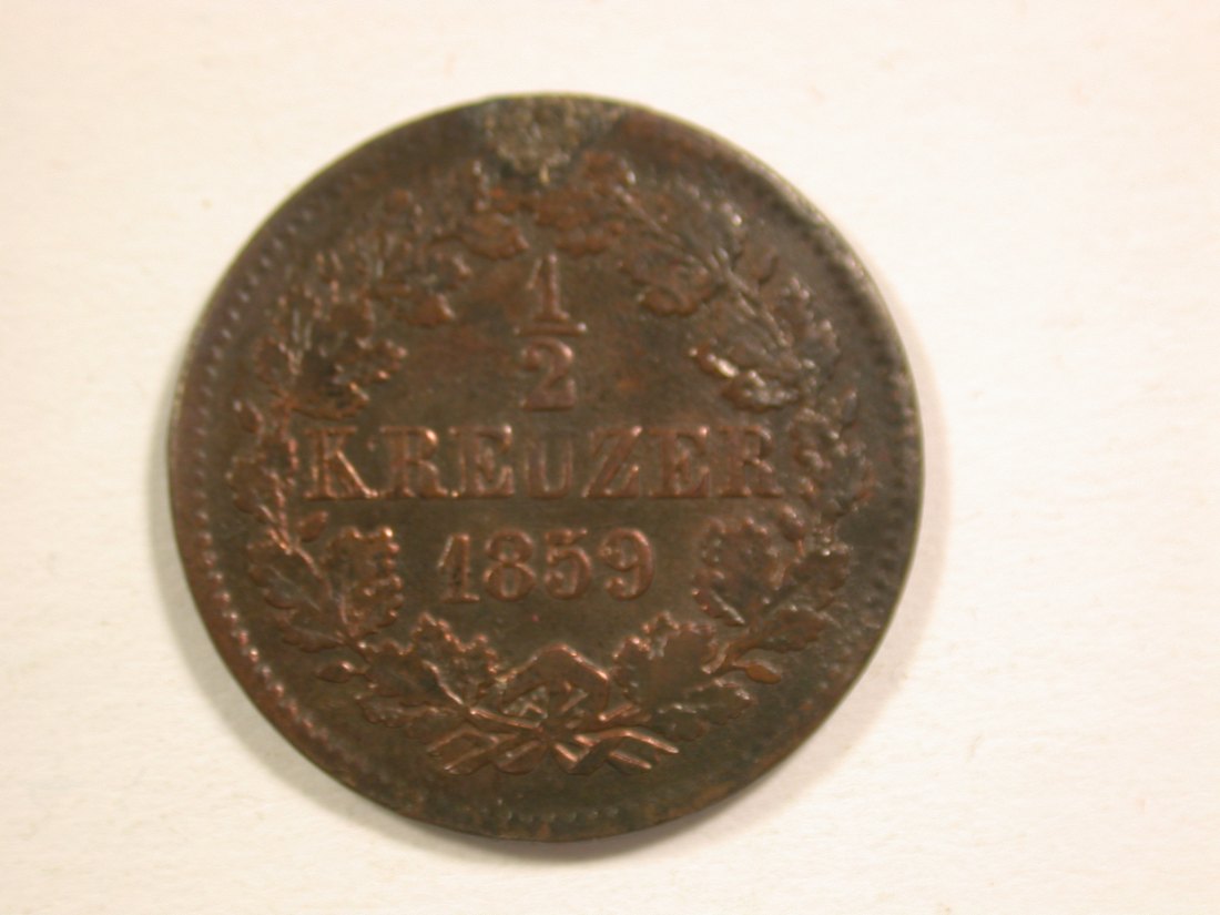 15106 Baden 1/2 Kreuzer 1859 in ss, Hksp. Orginalbilder