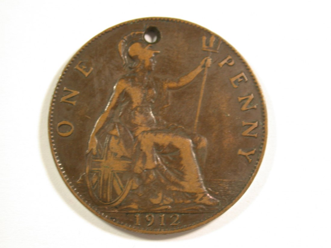  15001 Großbritannien 1 Penny 1912 in ss-vz, gelocht  Orginalbilder   