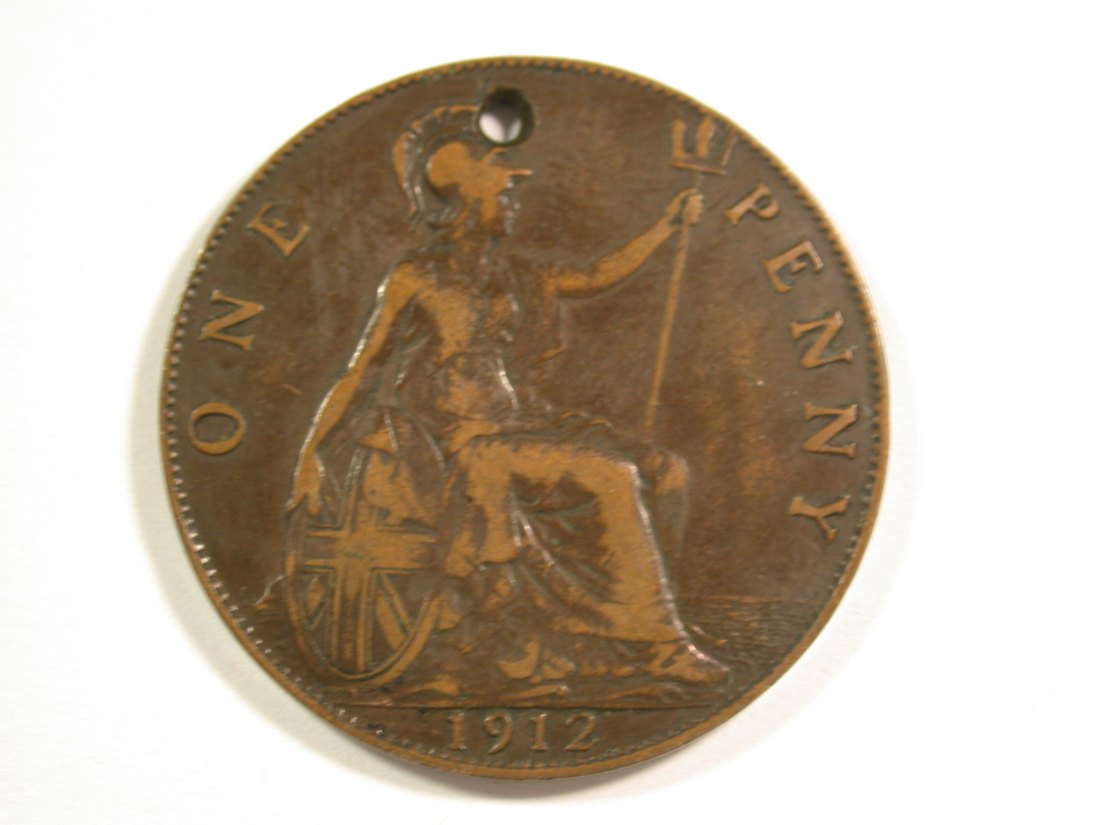 15001 Großbritannien 1 Penny 1912 in ss-vz, gelocht Orginalbilder