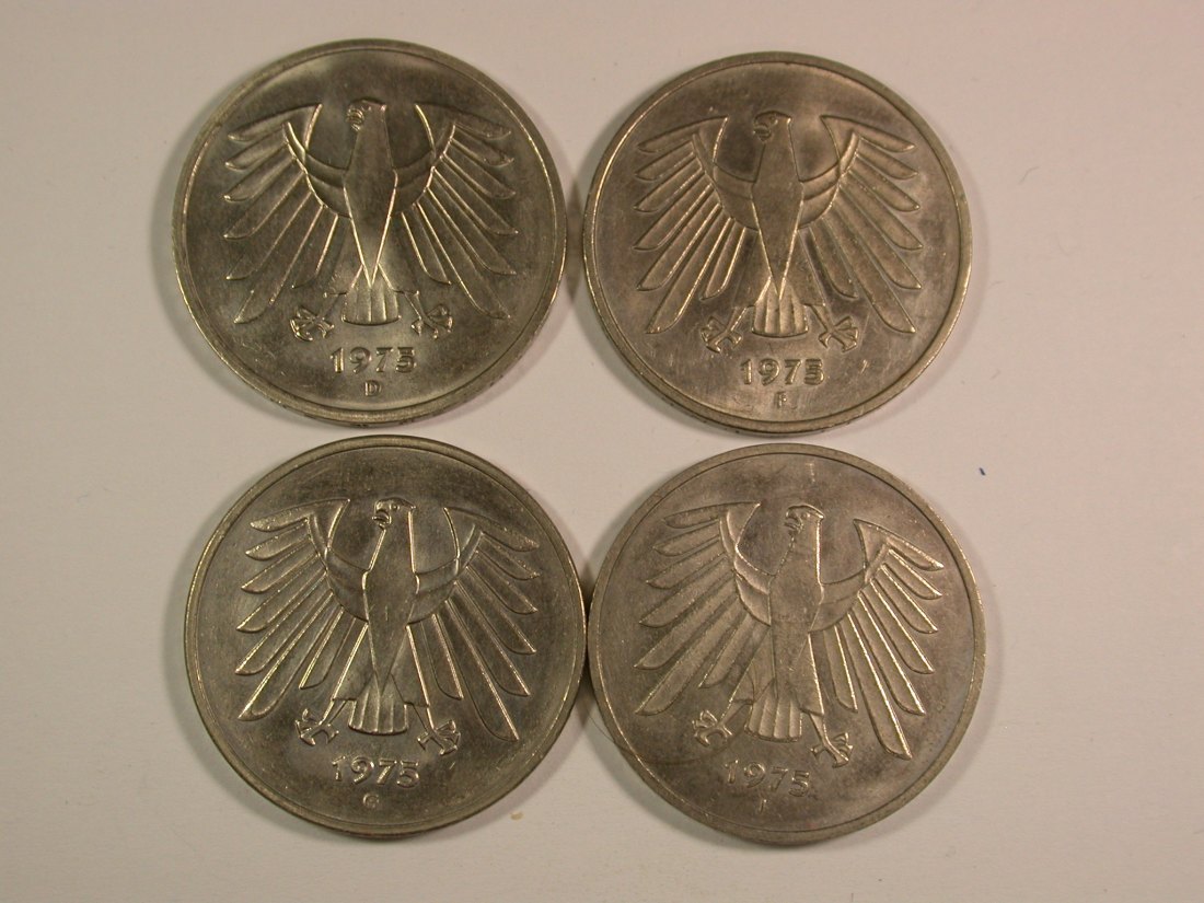  15002 BRD Satz 4 Stück 5 Mark 1975 D,F,G,J  in Bankfrisch Orginalbilder   