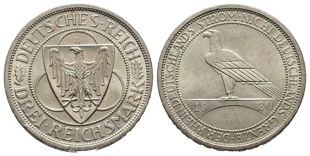 PEUS 4586 Weimarer Republik Zur Rheinland-Räumung 3 Reichsmark 1930 D Vorzüglich / sehr schön