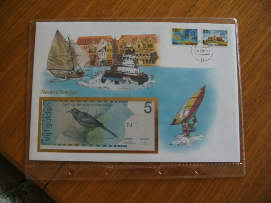  Banknotenbrief Niederländische Antillen mit 5 Gulden 1a Erhaltung kassenfrisch sehr selten   