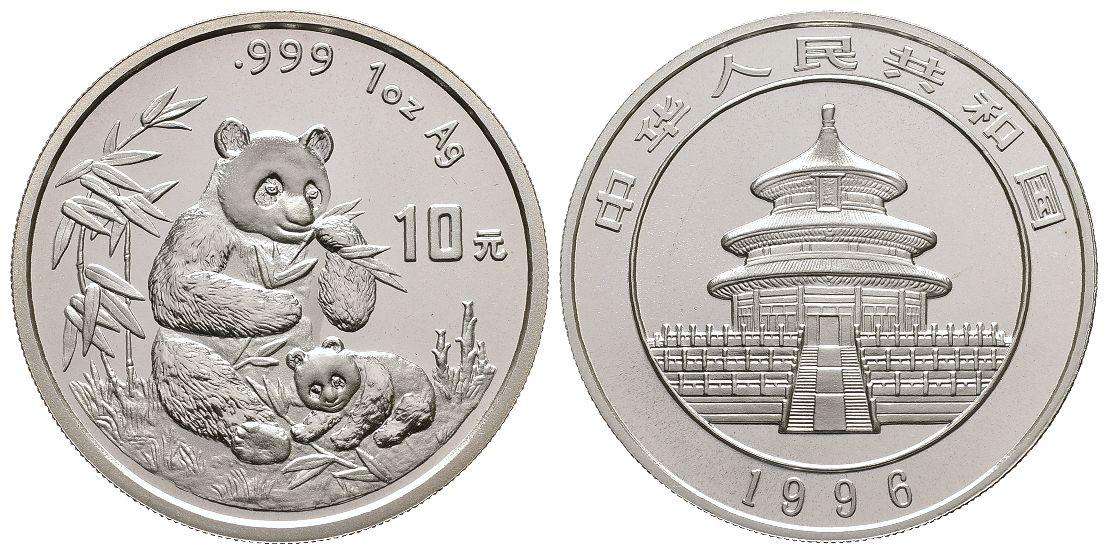PEUS 4245 China Volksrepublik 31,1 g Feinsilber. Sitzender Panda mit Jungtier 10 Yuan SILBER Unze 1996 Prooflike