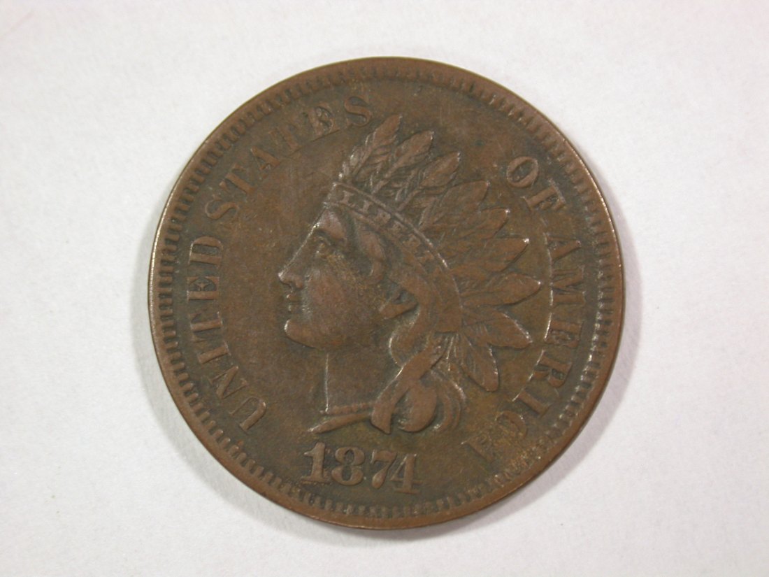 A001 USA Indian Head 1 Cent 1874 in ss-vz (VF-XF) Orginalbilder