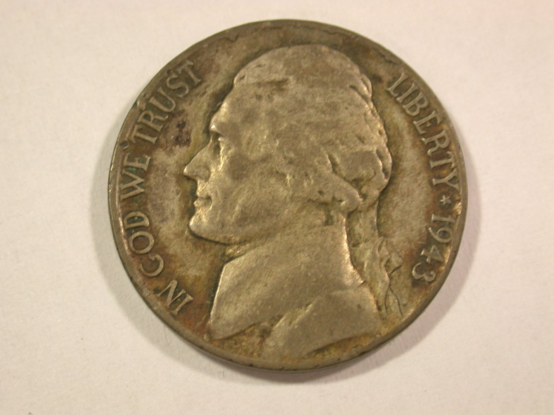  A001 USA  Jefferson Nickel  5 Cent 1943 P in vz (XF) Orginalbilder   