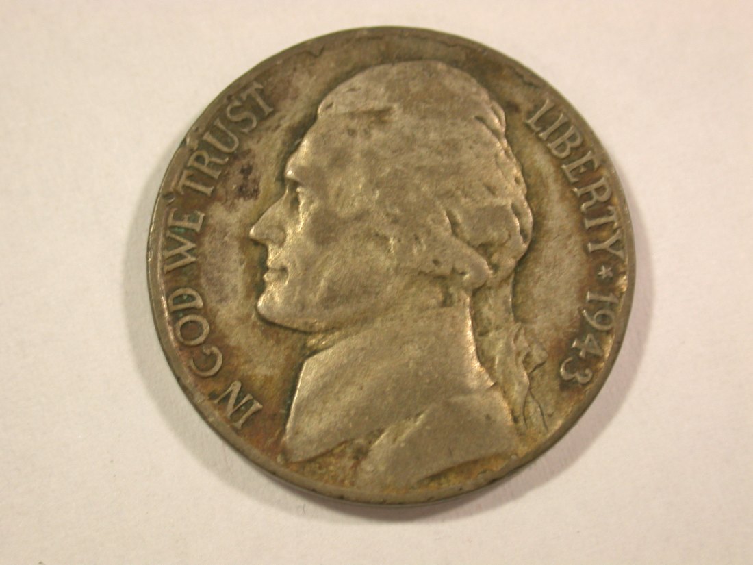 A001 USA Jefferson Nickel 5 Cent 1943 P in vz (XF) Orginalbilder
