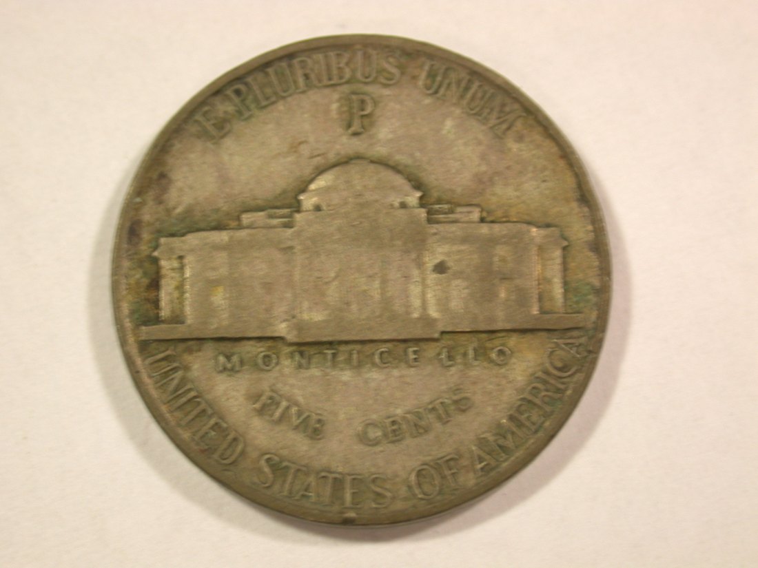  A001 USA  Jefferson Nickel  5 Cent 1943 P in vz (XF) Orginalbilder   