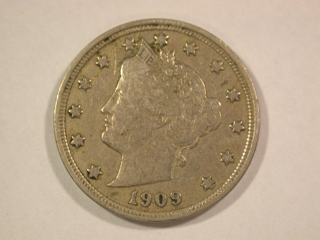 A001 USA V-Nickel 5 Cent 1909 in ss (VF) Orginalbilder