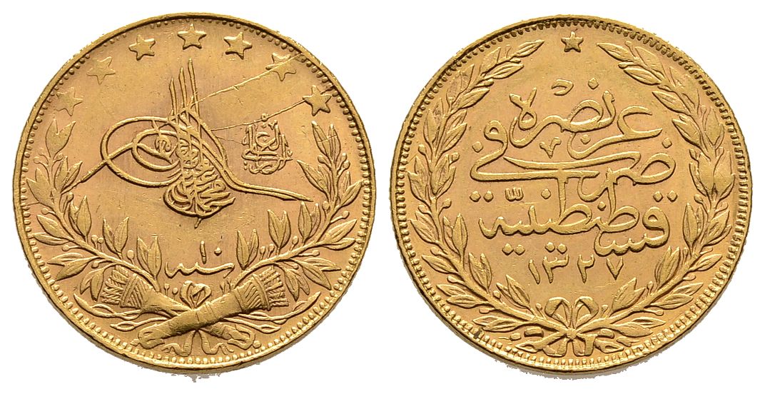 PEUS 1619 Türkei 6,61 g Feingold. Sultan Mohammed V. (Reschad) 100 Piaster GOLD 1327/4=22.12.191 Sehr schön