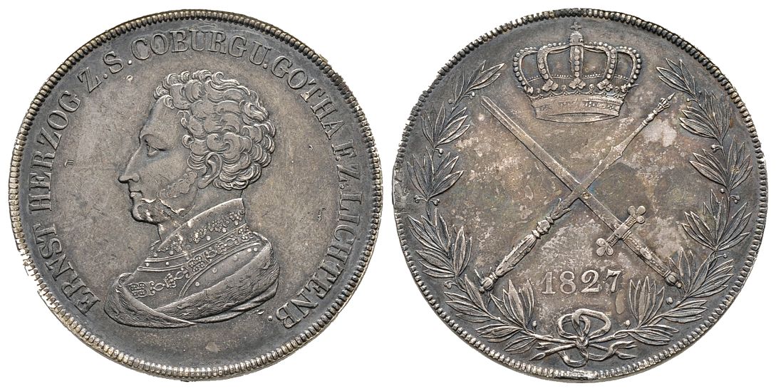 PEUS 5879 Sachsen-Coburg-Gotha Ernst I. (1806 - 1844) Krontaler 1827 Fassungsspuren, Sehr schön