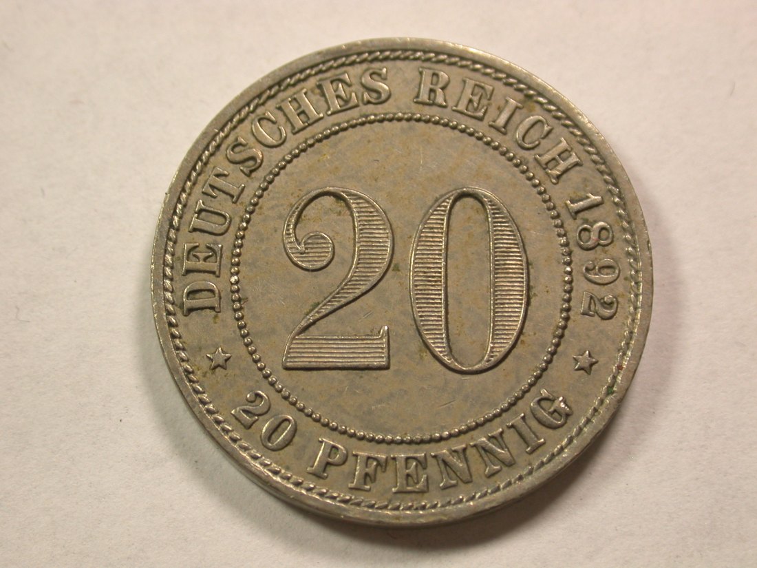  A102 KR  20 Pfennig 1892 A in vz/f.vz-st  Jäger Nr. 14  Orginalbilder   