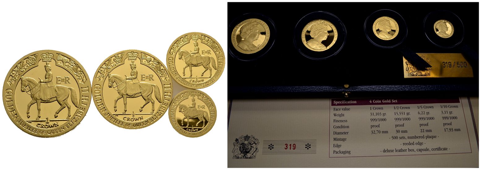 PEUS 5909 Isle of Man Insg. 55,98 g Feingold. Golden Jubilee incl. Box, Verpackung + Zertifikat British Royal Set GOLD (4 Münzen) 2002 Proof