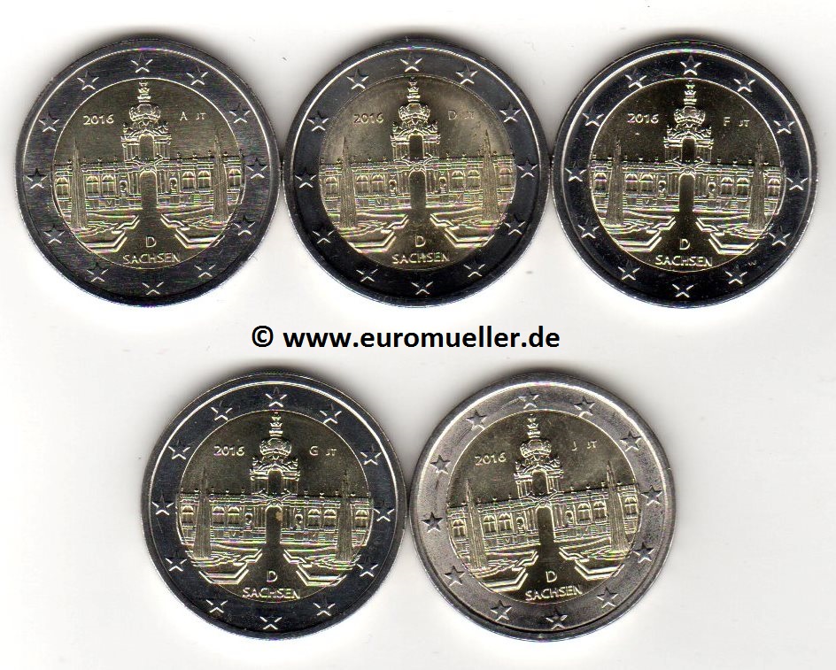 Deutschland 5x 2 Euro Gedenkmünze 2016...Sachsen   