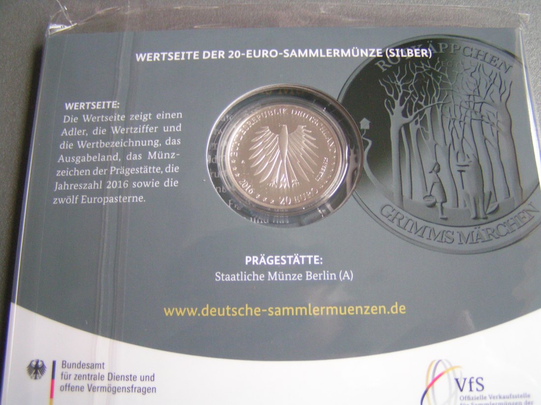  Deutschland 20 Euro Silber 2016 spiegelglanz proof pp <i> Rotkäppchen Grimms Märchen   